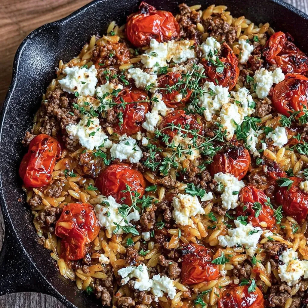 Griechische Hackfleisch-Pfanne mit Kritharaki-Nudeln – fühlt sich wie Urlaub an.