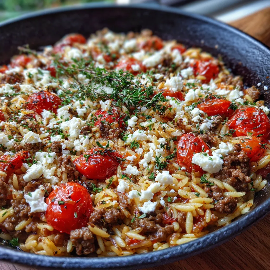 Griechische Hackfleisch-Pfanne mit Kritharaki-Nudeln – fühlt sich wie Urlaub an.