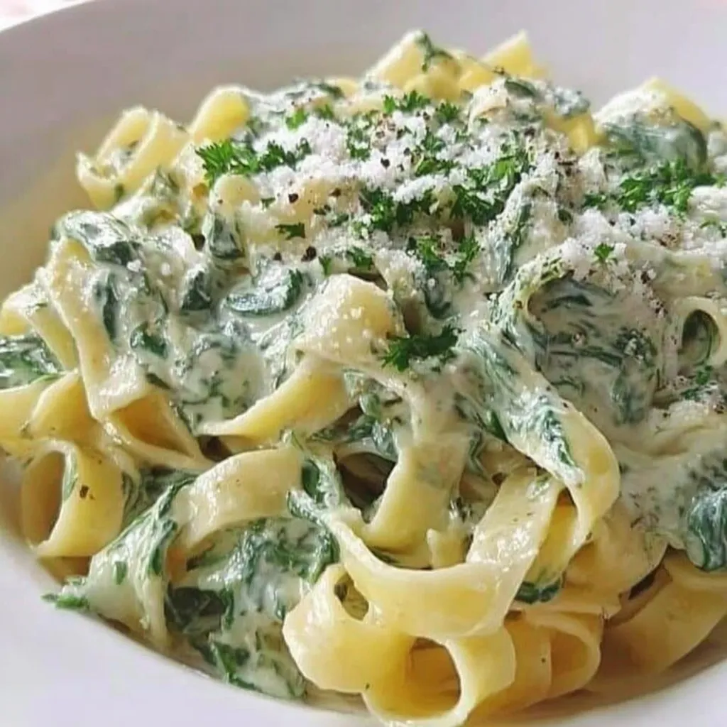 Ein weißer Teller voller Pasta mit Spinat in cremigem Käsebad.