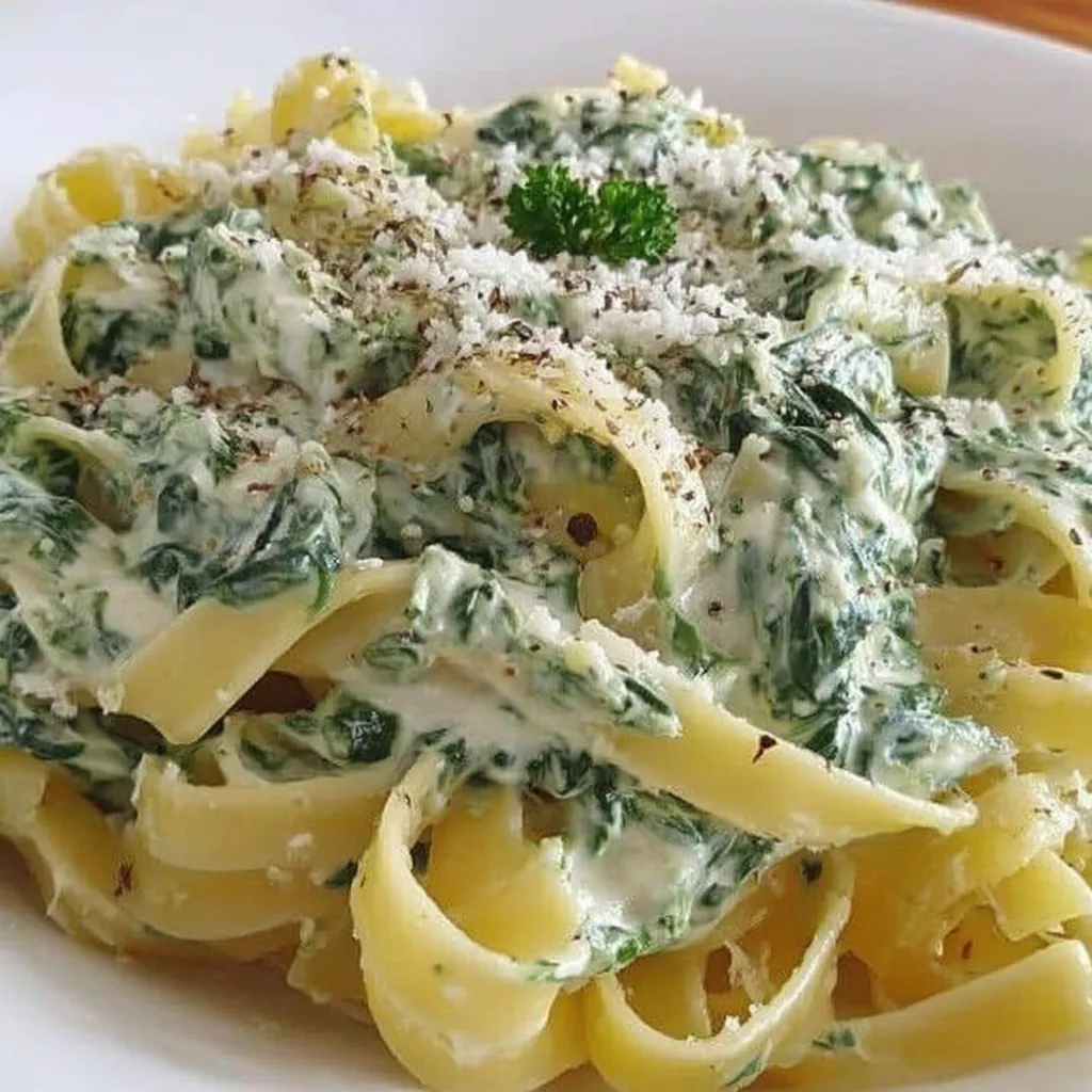 Eine Platte Pasta mit cremiger Spinat-Käsesoße.