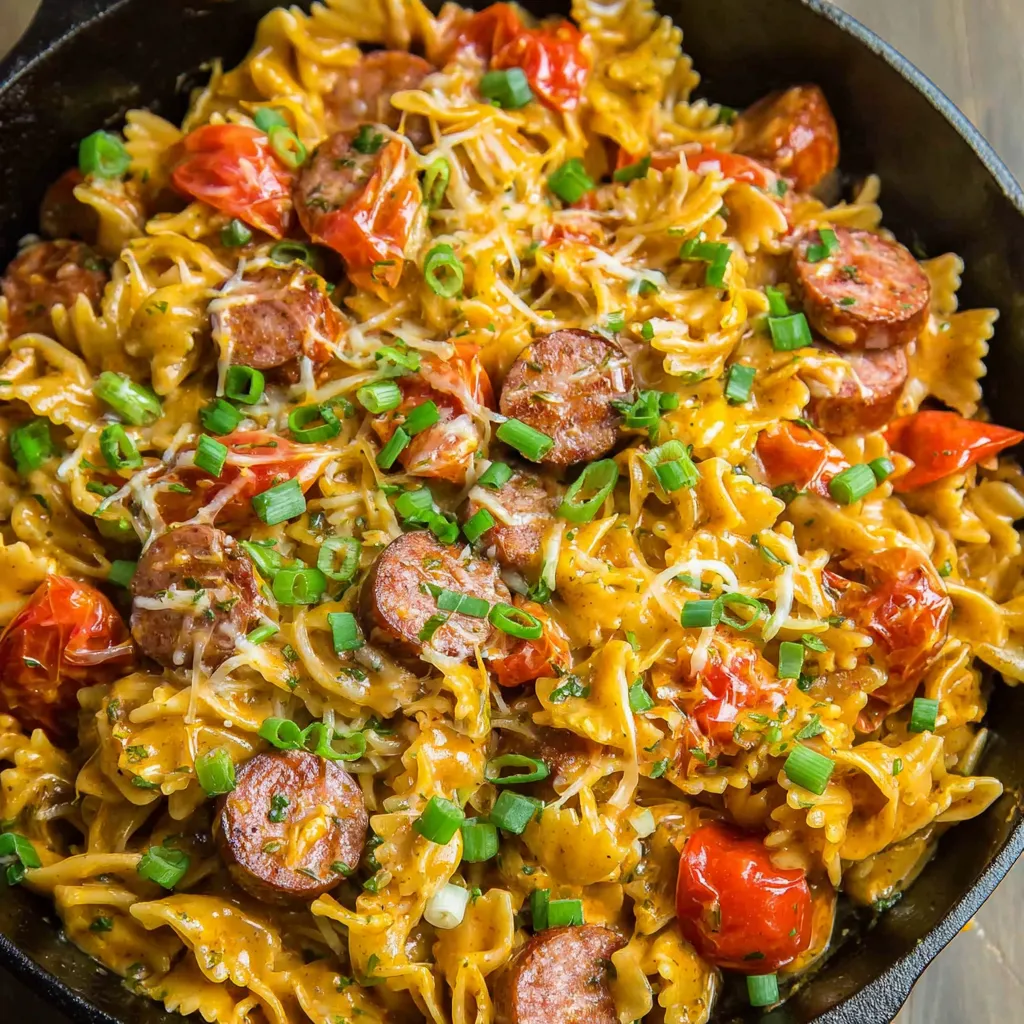 Eine Pfanne mit rauchiger Käsesauce, Wurst und Pasta