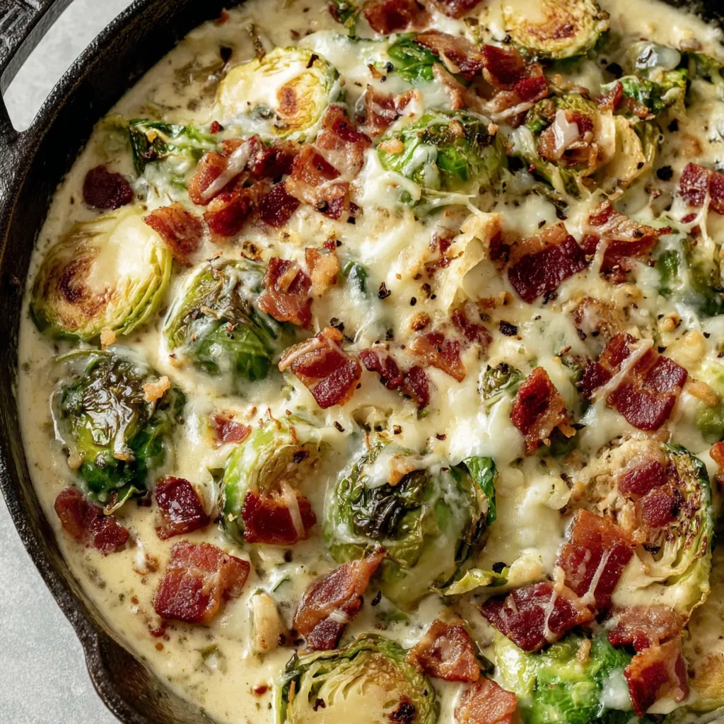 Cremige Rosenkohlpfanne mit Speck