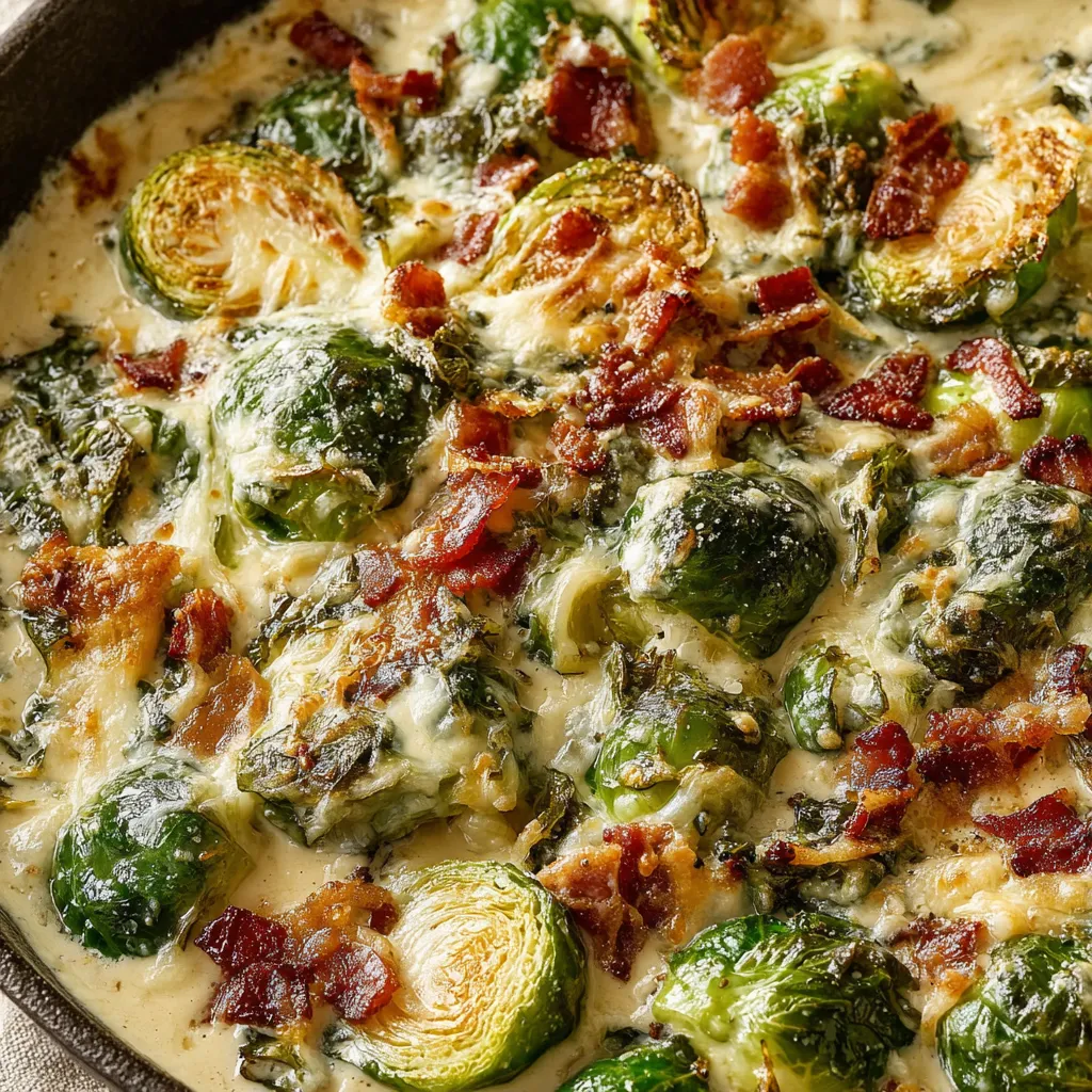 Cremige Rosenkohlpfanne mit Speck
