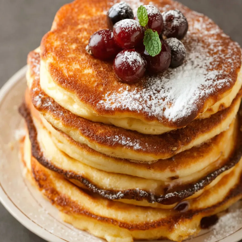 Eine Platte mit Pfannkuchen ohne Mehl, die mit Zitrusfrüchten und einem grünen Blatt garniert sind.