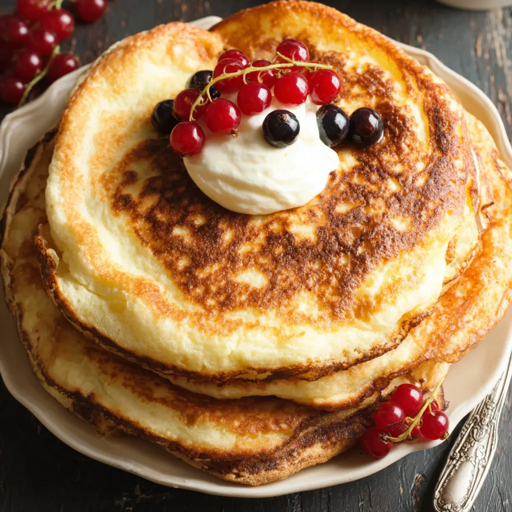 Ein Plate mit Pfannkuchen ohne Mehl, die mit Raspberry-Konserven und Butter garniert sind.