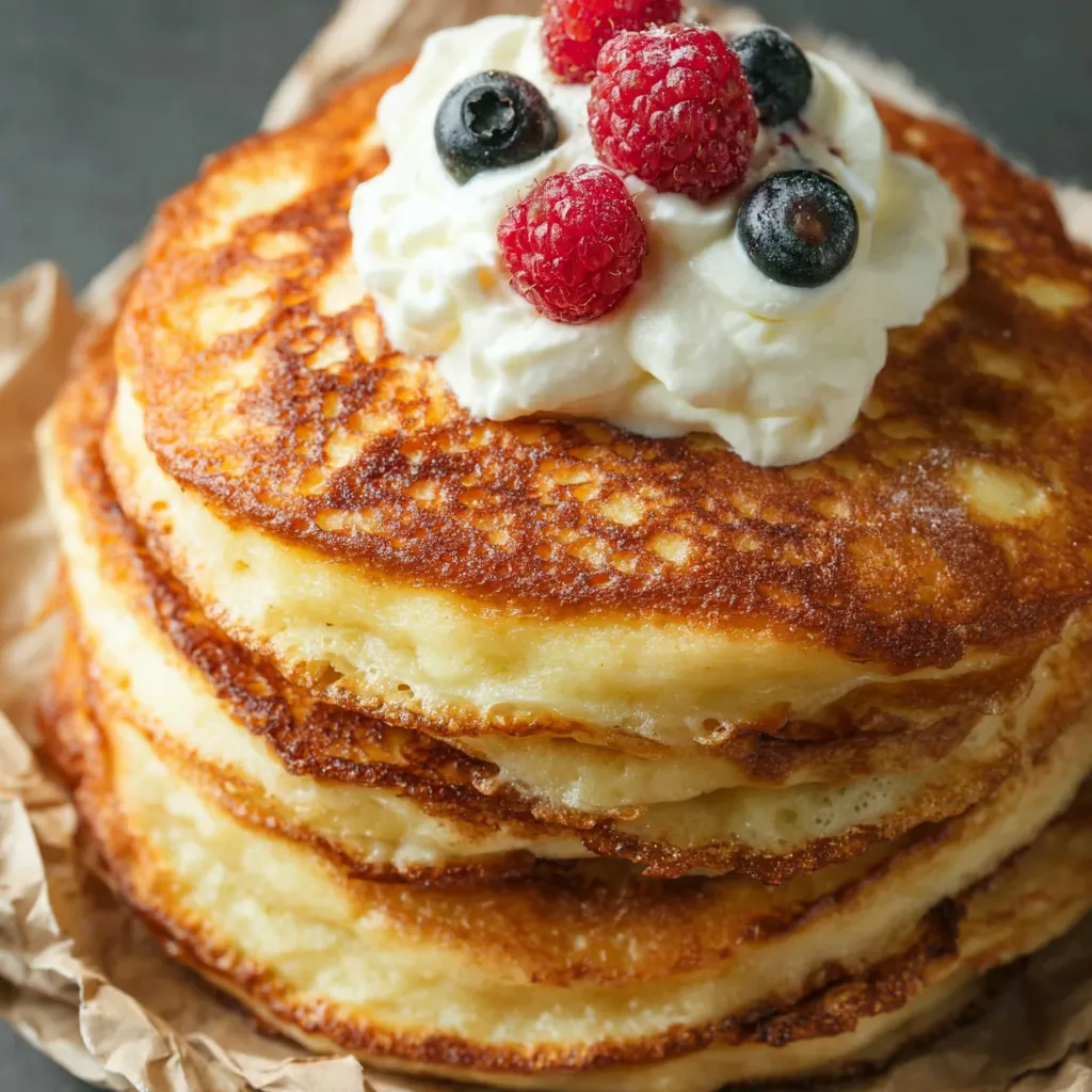 Ein Pfannkuchen ohne Mehl, der mit Raspberry und Blaubeeren garniert ist.
