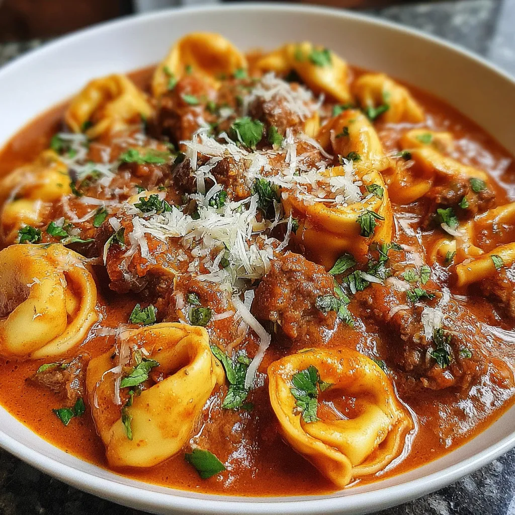 Ein weißer Teller mit ultimative Rindfleisch-Tortellini in Tomaten-Sahnesauce.
