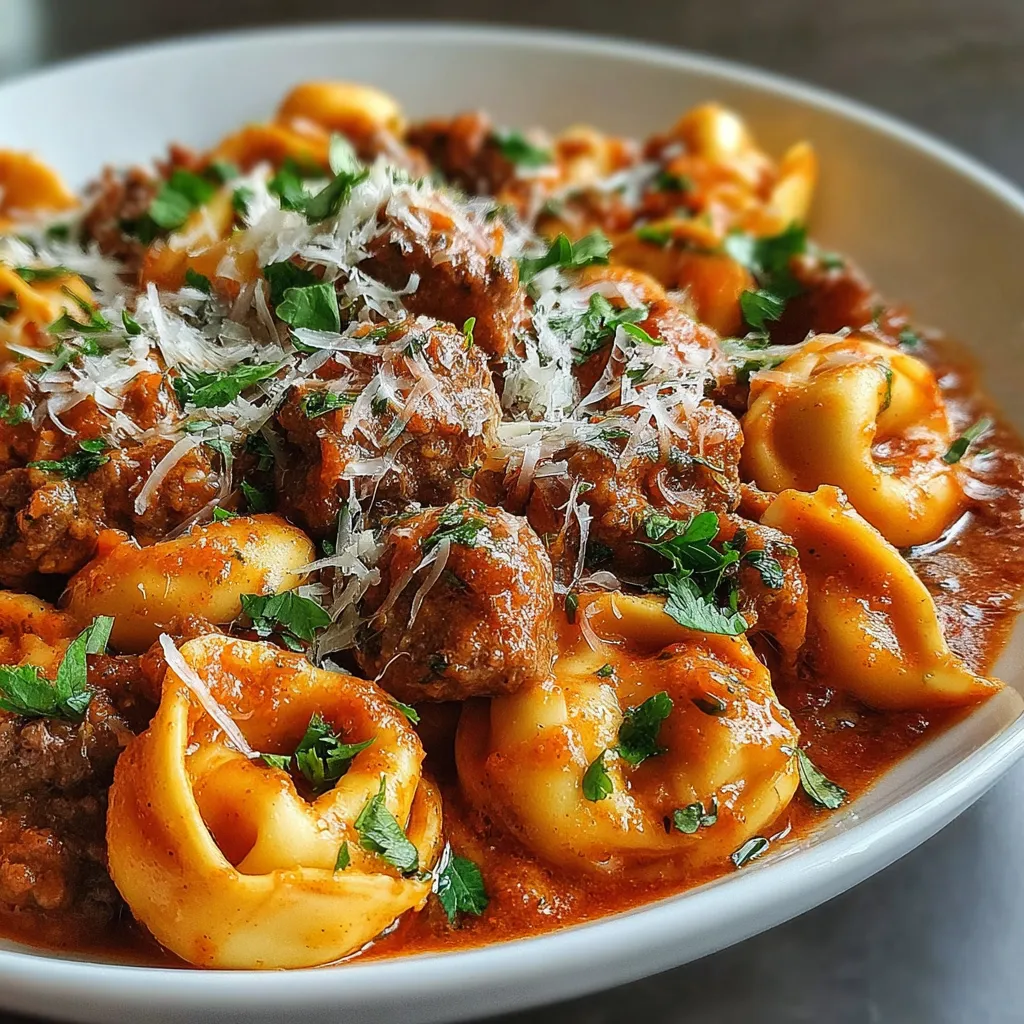 Ein weißer Teller mit ultimative Rindfleisch-Tortellini in Tomaten-Sahnesauce.