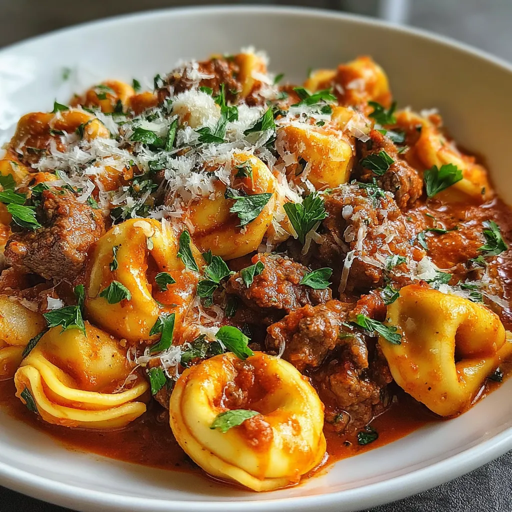 Ein weißer Teller mit ultimative Rindfleisch-Tortellini in Tomaten-Sahnesauce.