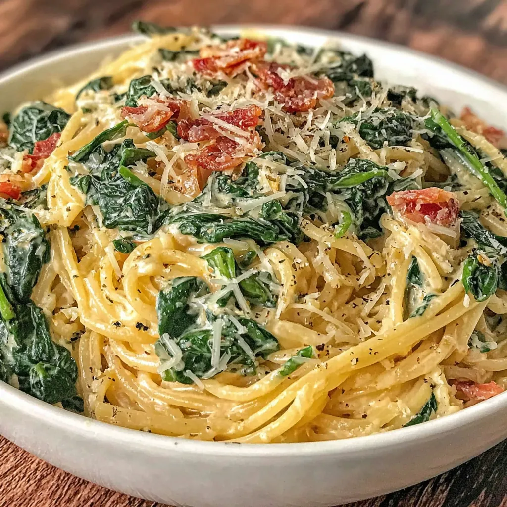 Ein weißer Teller mit Spaghetti und Spinat.