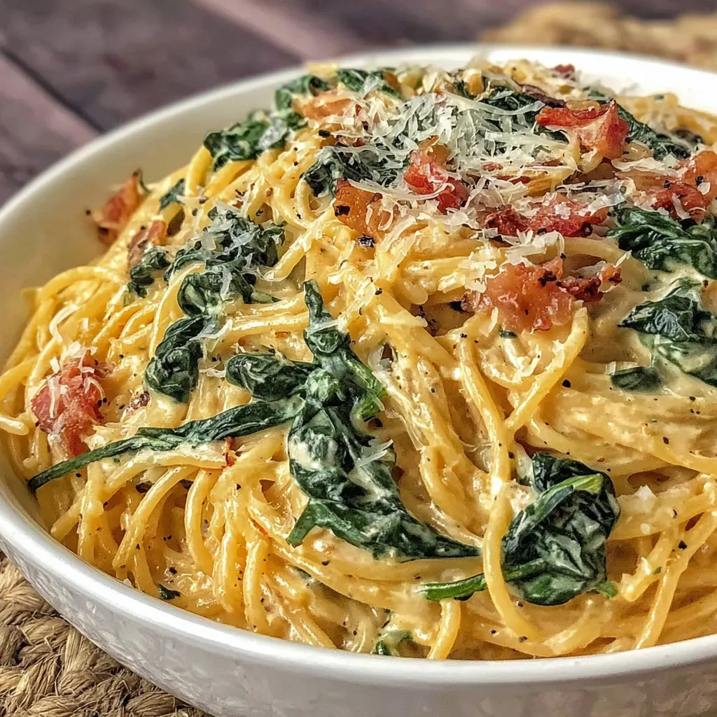 Ein weißer Teller mit Spaghetti und Spinat in einer Sauce.