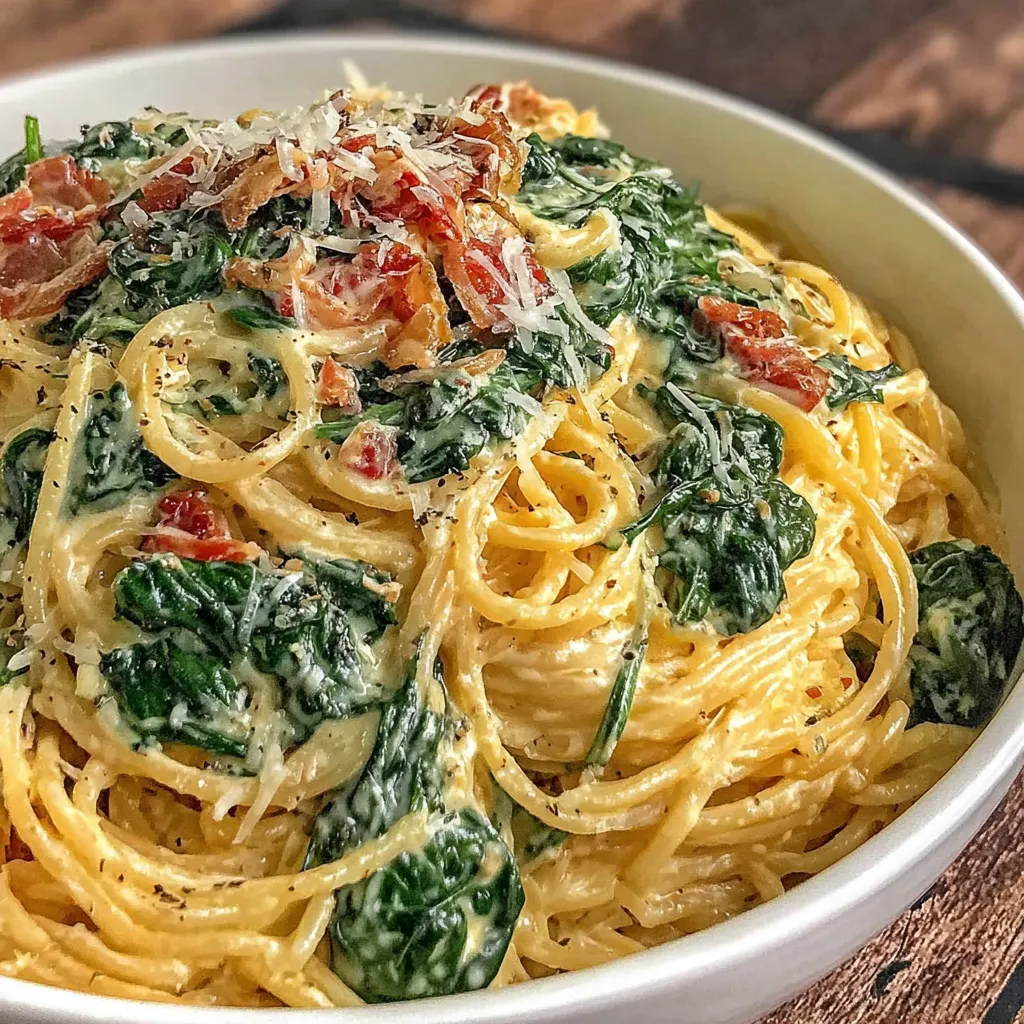 Ein weißer Teller mit Spaghetti und Spinat, die in 15 bis 20 Minuten zubereitet wurden.