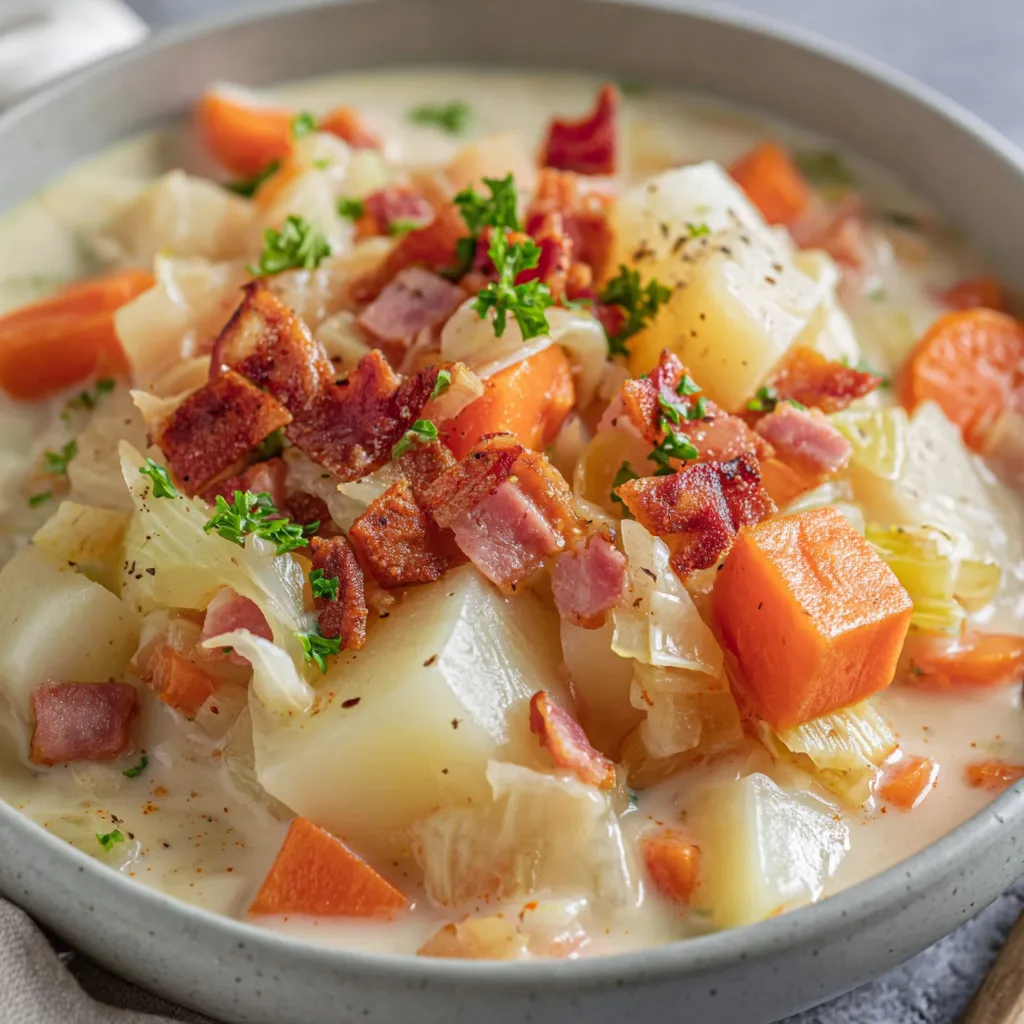 Ein Kohlrabi-Eintopf mit Kartoffeln, Möhren und Schinkenwürfel in einem großen, silbernen Behälter.