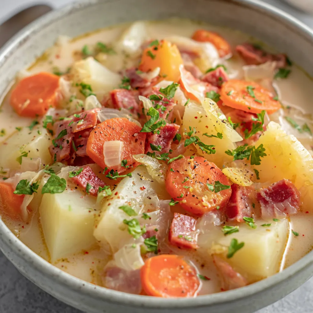 Ein Kohlrabi-Eintopf mit Kartoffeln, Möhren und Schinkenwürfel.