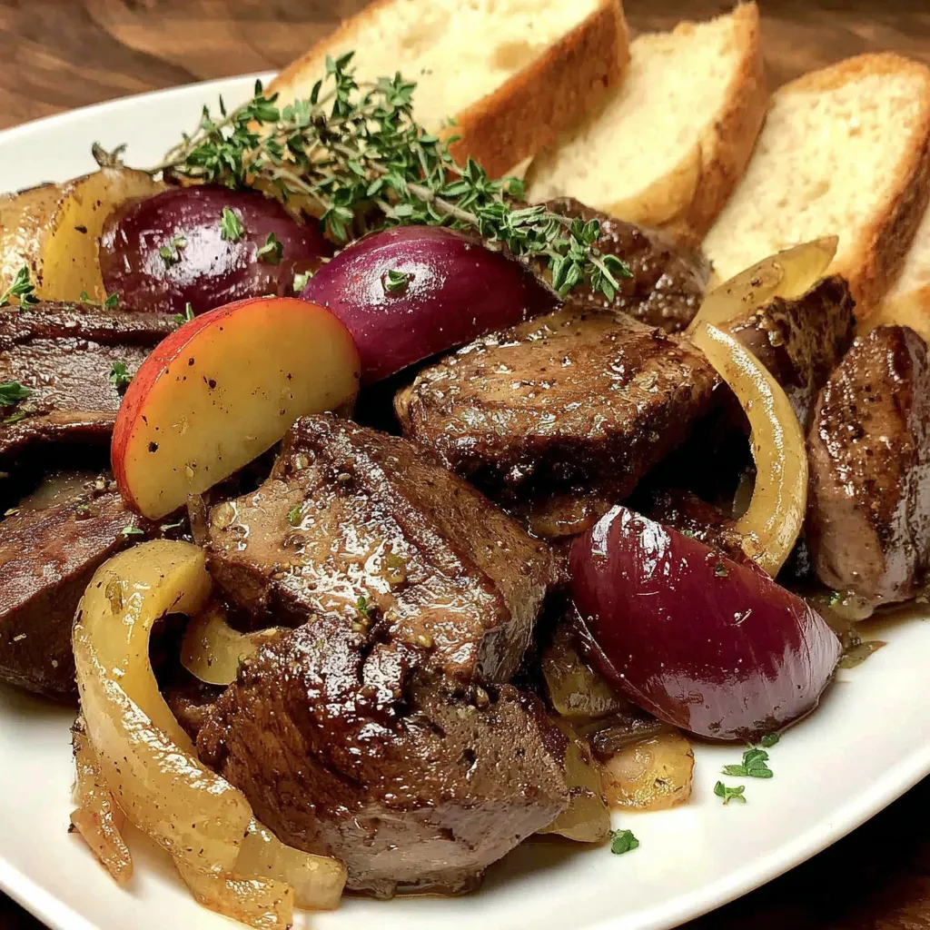 Ein Plate mit Fleisch, Zwiebeln und einem Zweig darüber.