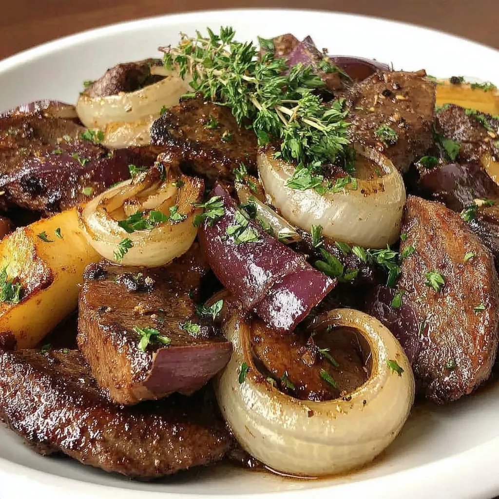 Ein weißer Teller mit Fleisch und Zwiebeln.