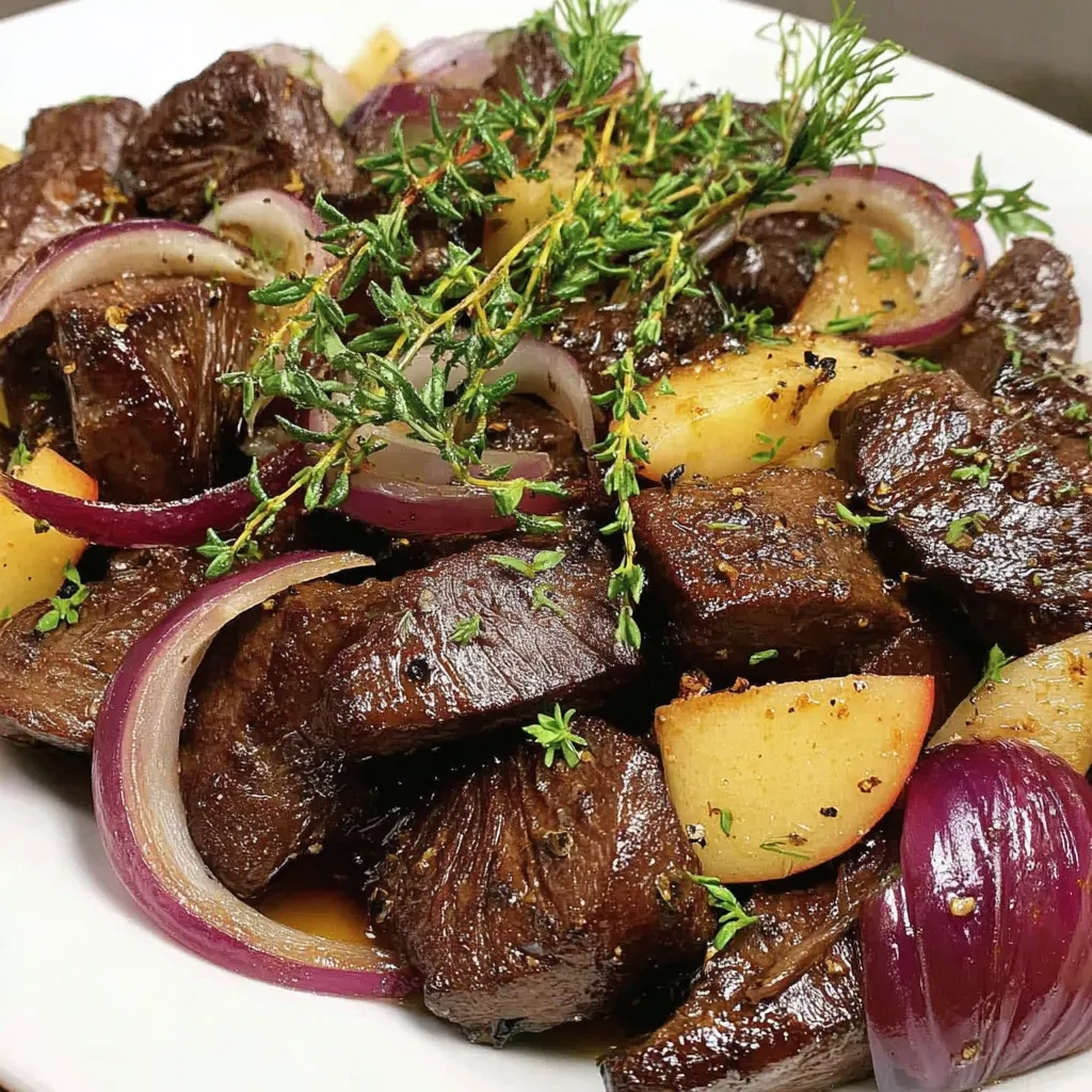 Ein weißer Teller mit Fleisch und Zwiebeln.