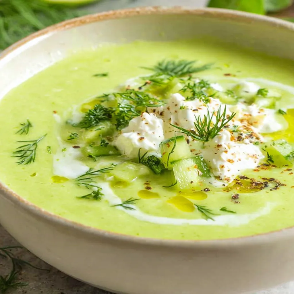Ein Glas mit einer grünen Suppe, die mit Avocado und Limetten garniert ist.