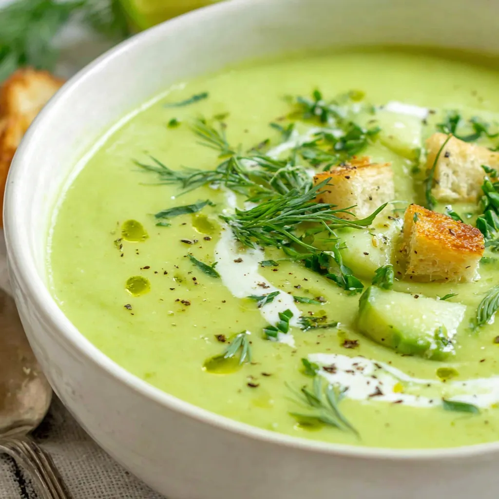 Ein weißer Becher mit einer kalten Avocado-Gurken-Suppe, die in 15 Minuten zubereitet wurde.