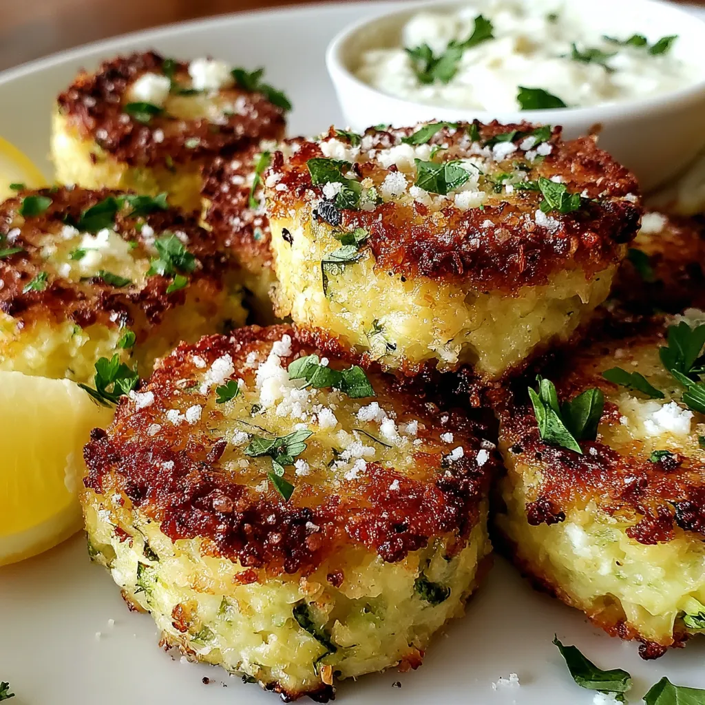Eine Platte mit knusprigen Zucchini-Feta-Bällchen, die in einer Sauce serviert werden.