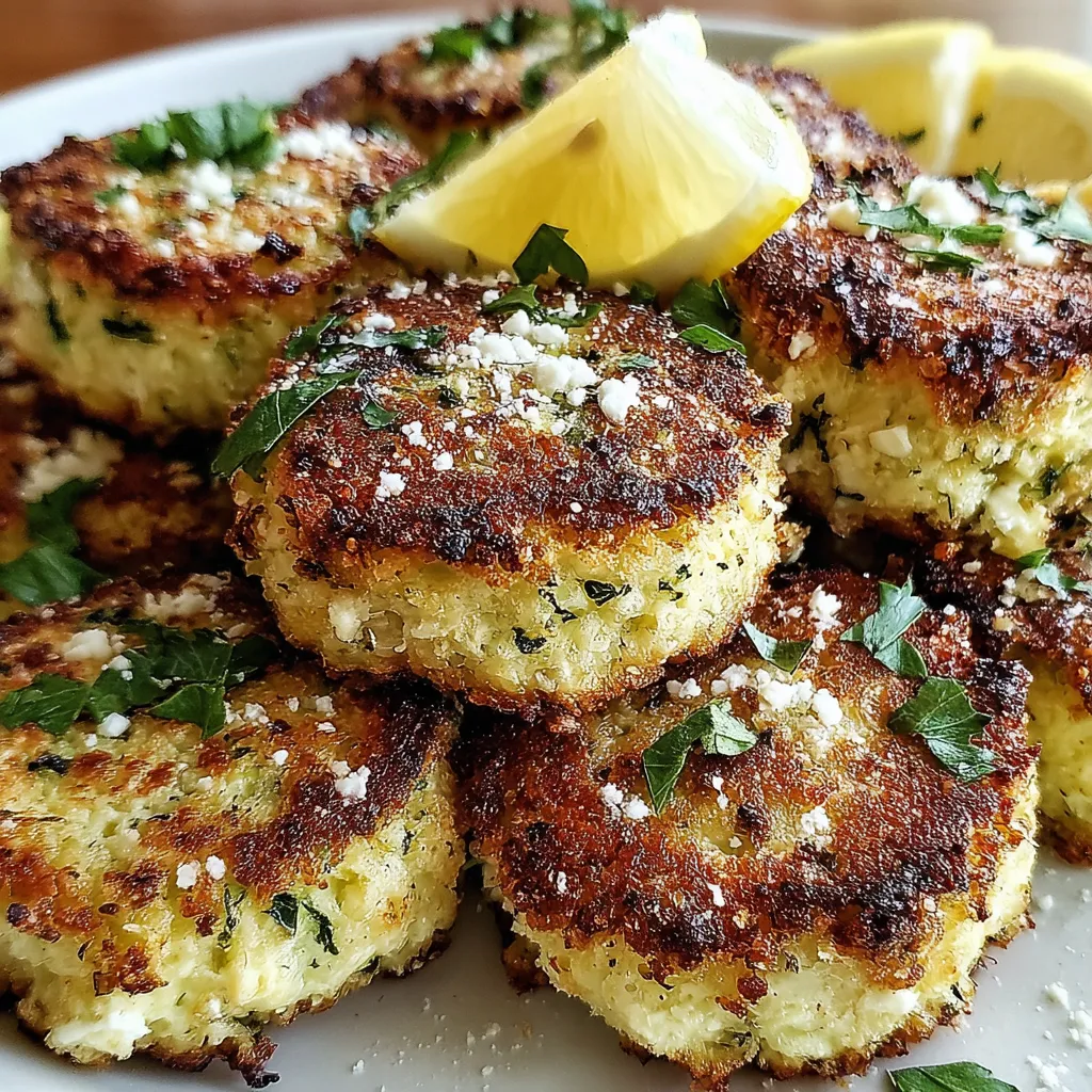 Eine Platte mit Knusprigen Zucchini-Feta-Bällchen, die in einer Kombination aus Zucchini, Feta und Gewürzen zubereitet sind.