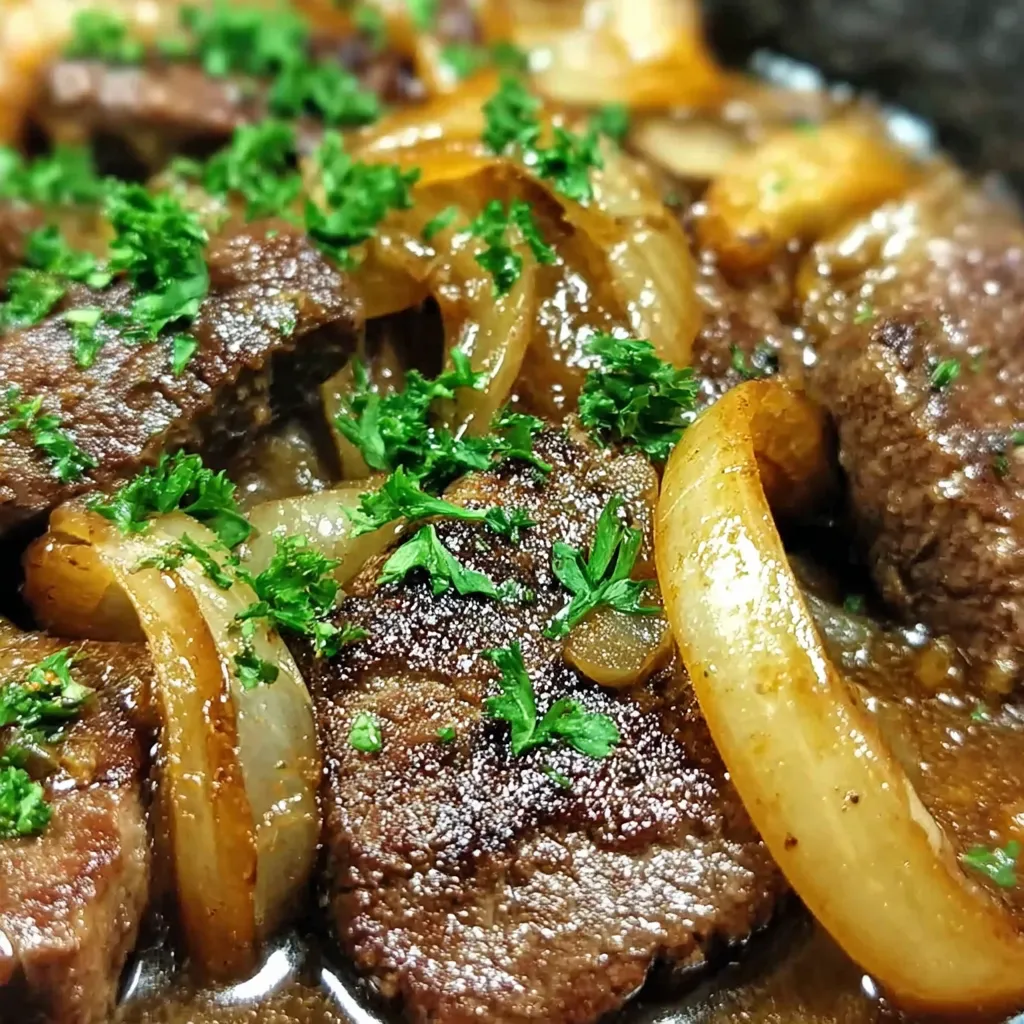 Eine Schüssel mit Fleisch und Zwiebeln.