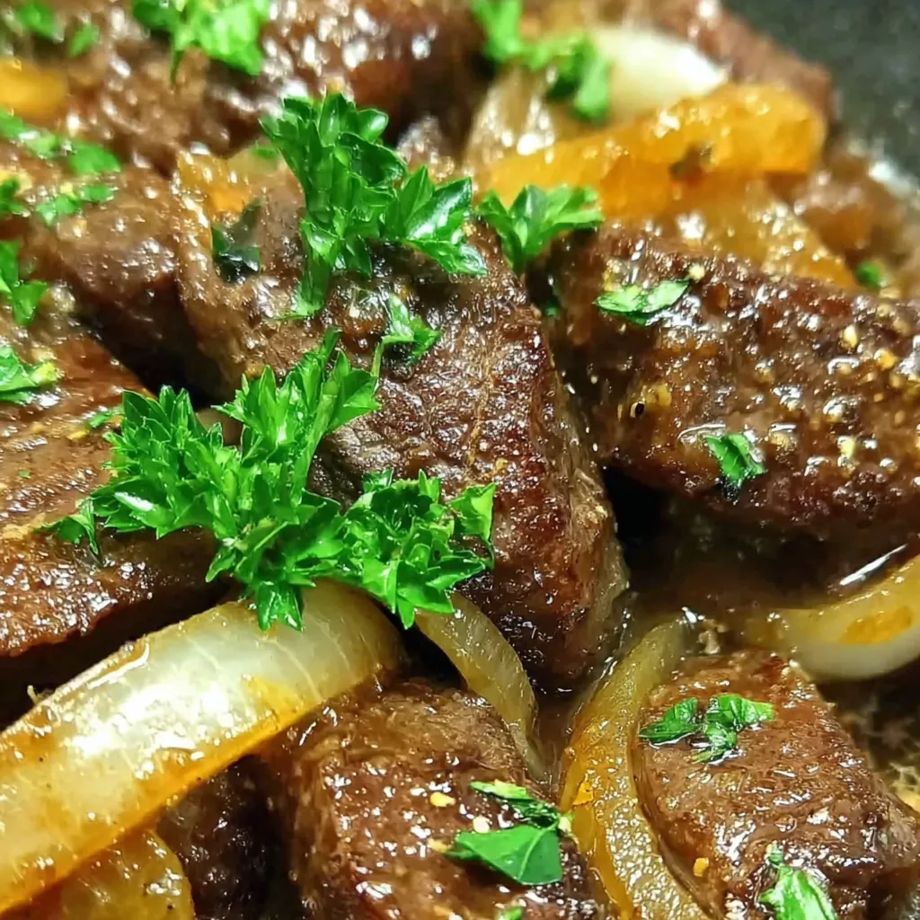 Eine Schüssel mit Leber und Zwiebeln.