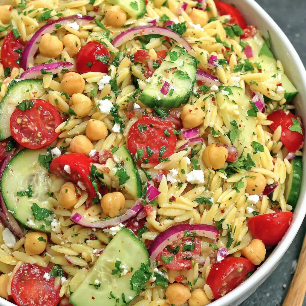 Ein großes, leckeres Salat mit Kichererbsen, Orzo und Tomaten.