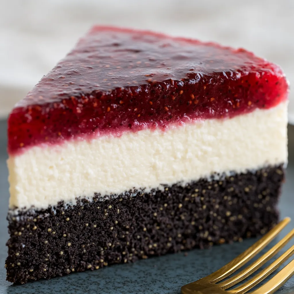Eine Torte mit Schneewittchen-Zutaten wie Himbeer, Mohn und Topfen.