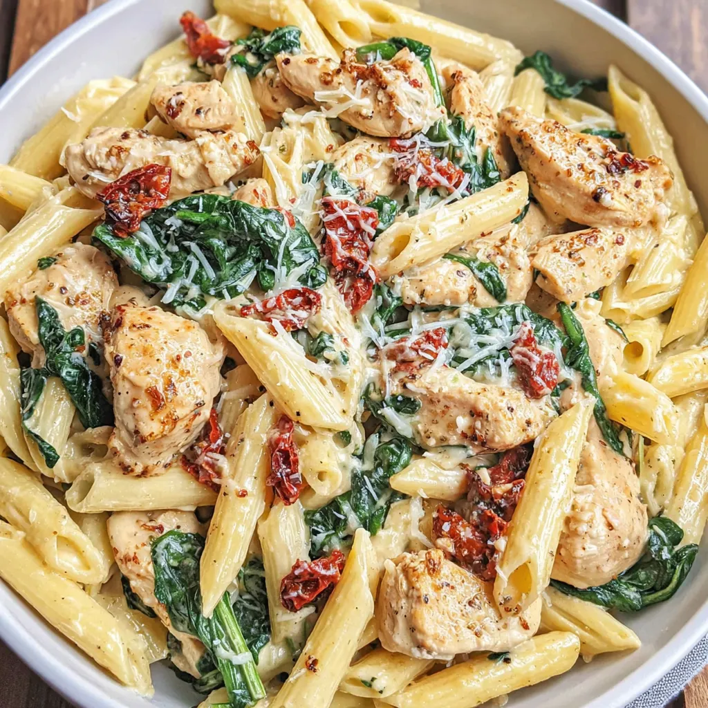 Ein weißer Teller mit Pasta, Chicken und Spinat.
