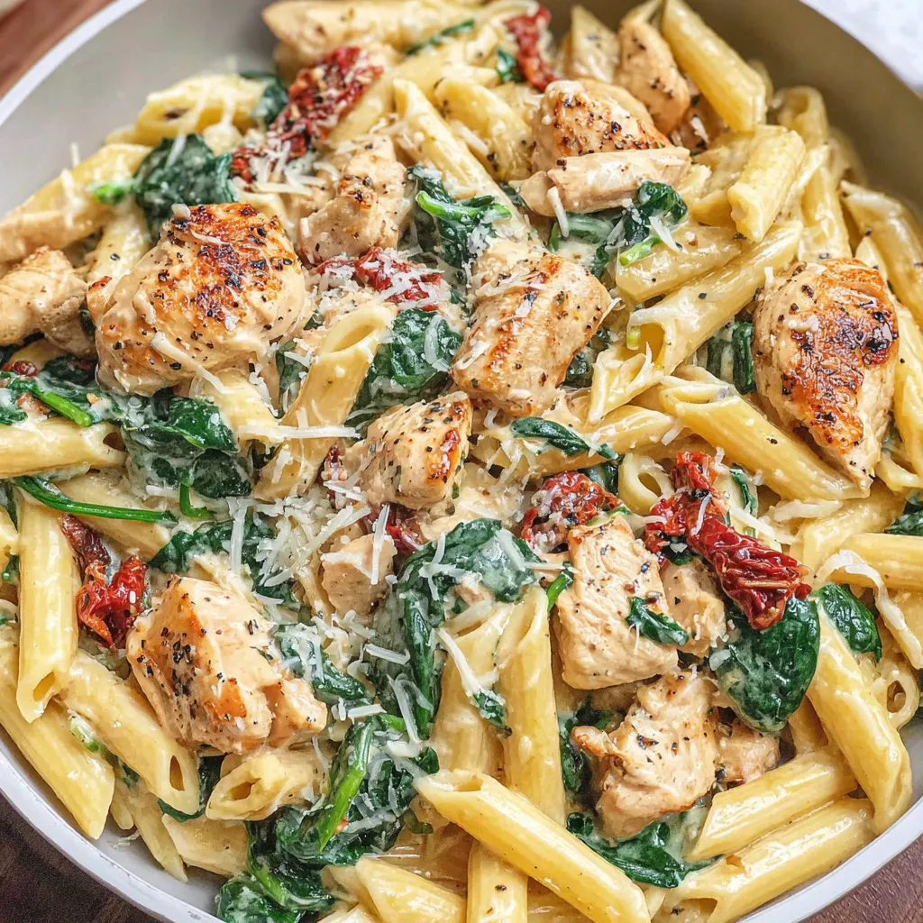 Ein Bild von einer cremigen Tuscan Chicken Pasta, die in einem weißen Behälter mit Pasta, Chicken und Spinat präsentiert wird.