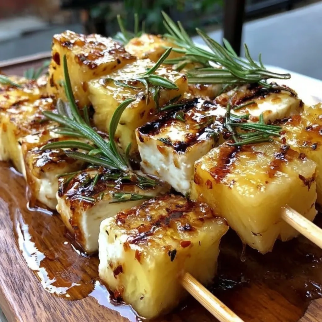 Eine Platte mit Ananas-Feta-Spießen, die mit Rosmarin und Chilihonig garniert sind.