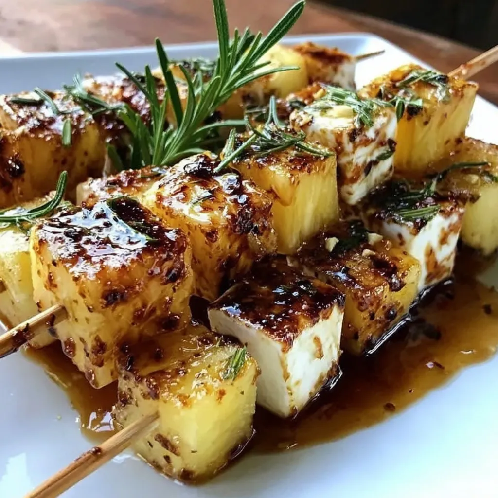 Ein weißer Teller mit Ananas-Feta-Spießen, die mit Rosmarin und Chilihonig garniert sind.