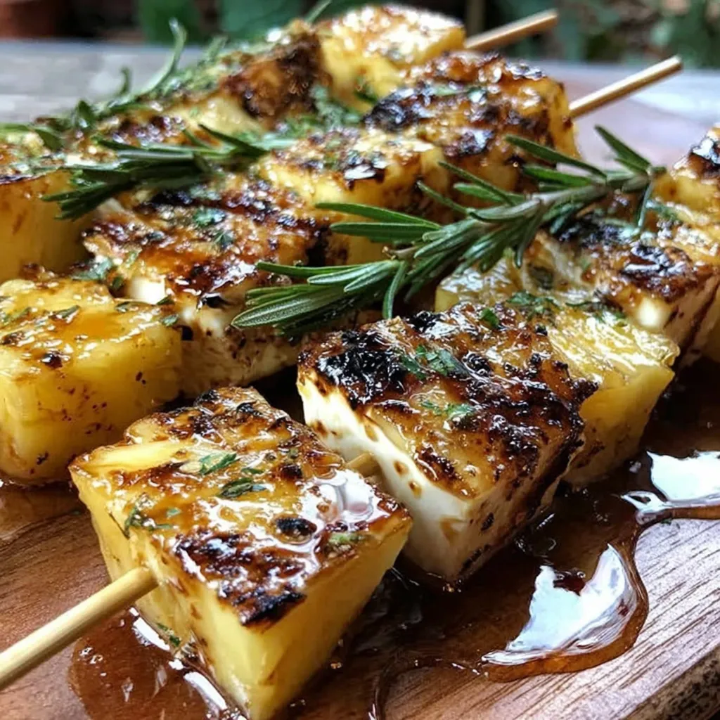 Ananas-Feta-Spieße mit Rosmarin und Chilihonig.