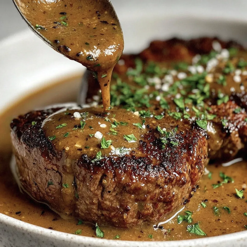 Ein Stück Hausgemachtes Pfeffersteaksoße wird auf eine Schüssel gegeben.