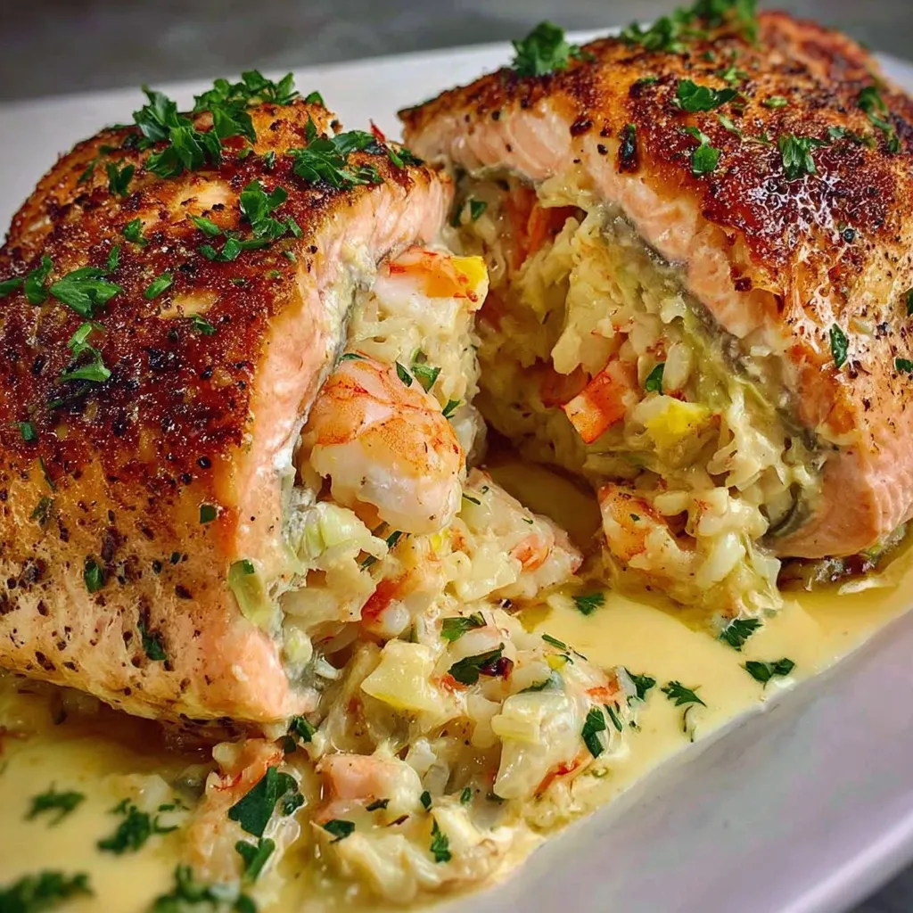 Lachs gefüllt mit Krabben und Garnelen