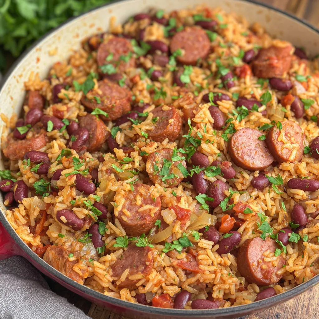 Cajun-Reis mit Bohnen aus einer Pfanne