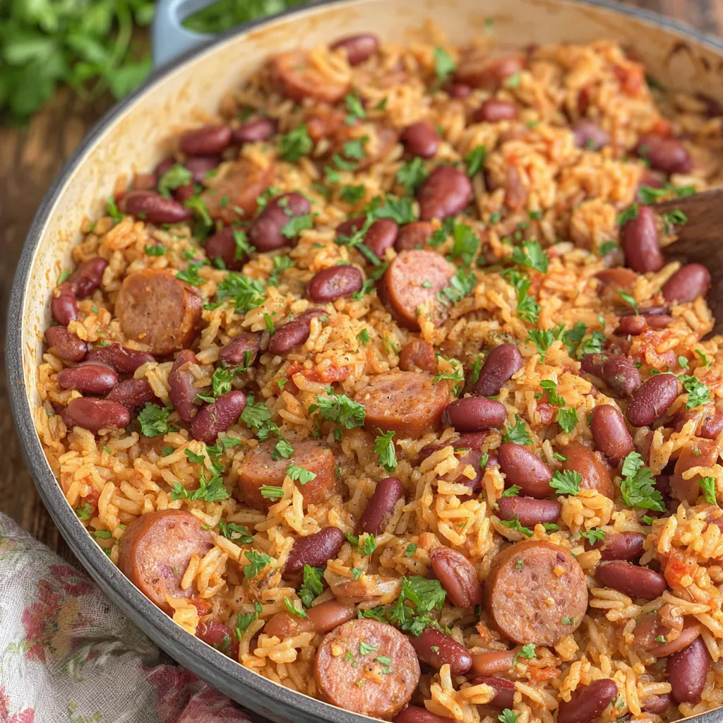 Cajun-Reis mit Bohnen aus einer Pfanne