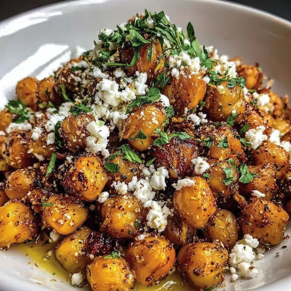 Ein weißer Teller mit einer Mischung aus Kichererbsen, Feta und Knoblauch.