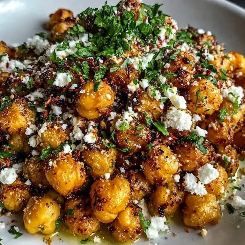 Eine Platte mit einer Mischung aus Kichererbsen, Feta und Knoblauch.