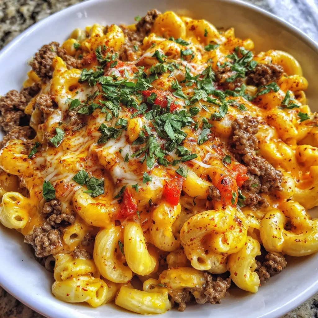Ein Topf Cajun Rindfleisch mit Cheddar und Pasta