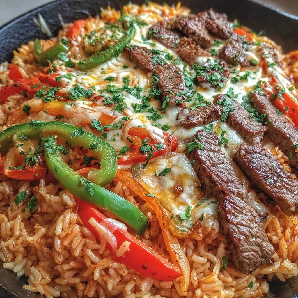 Queso Steak Fajita Pfanne auf Mexikanischem Reis