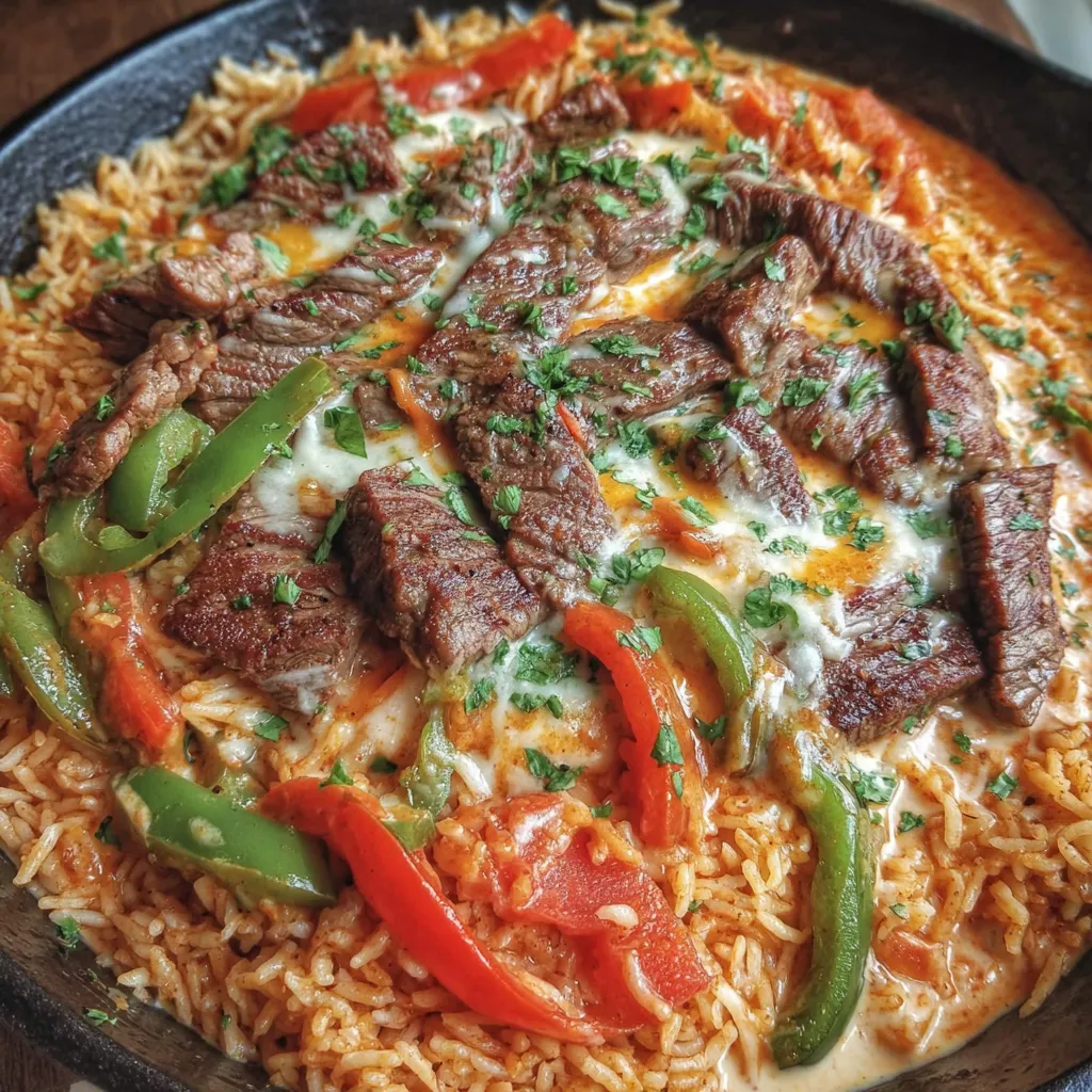 Queso Steak Fajita Pfanne auf Mexikanischem Reis