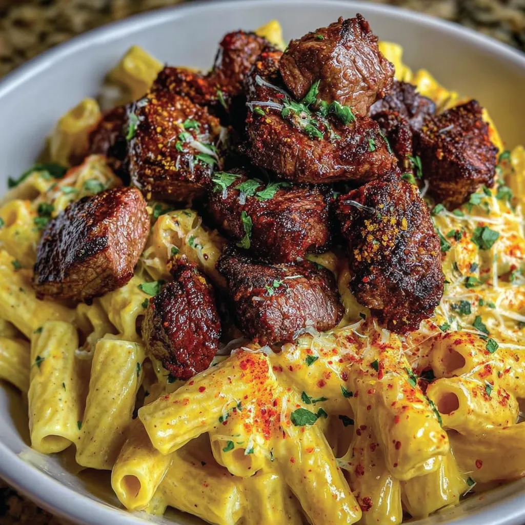 Steakstücke auf cremiger Pepper Jack Penne mit Knoblauchbutter