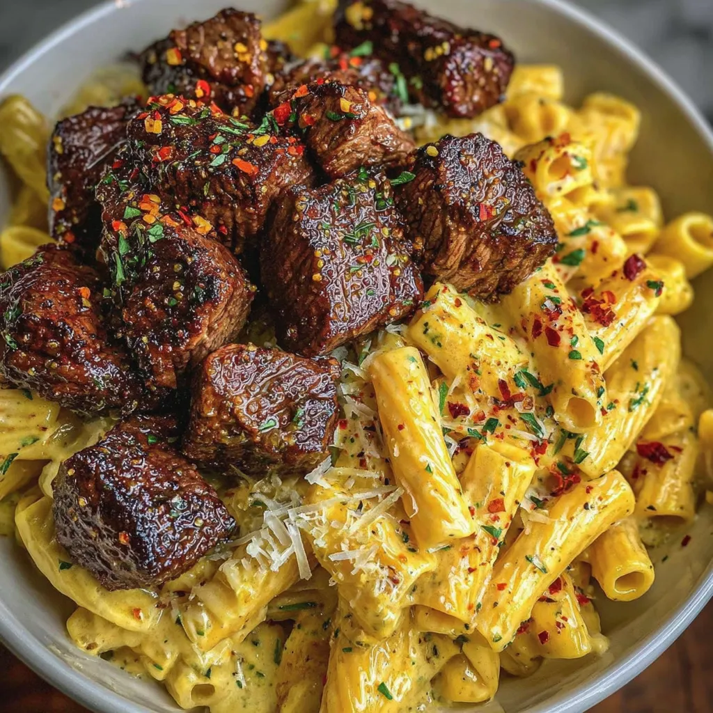 Knoblauchbutter-Steakstücke auf cremiger Pepper-Jack-Penne