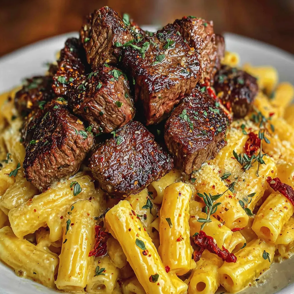 Knoblauchbutter-Steakstücke auf cremiger Pepper-Jack-Penne