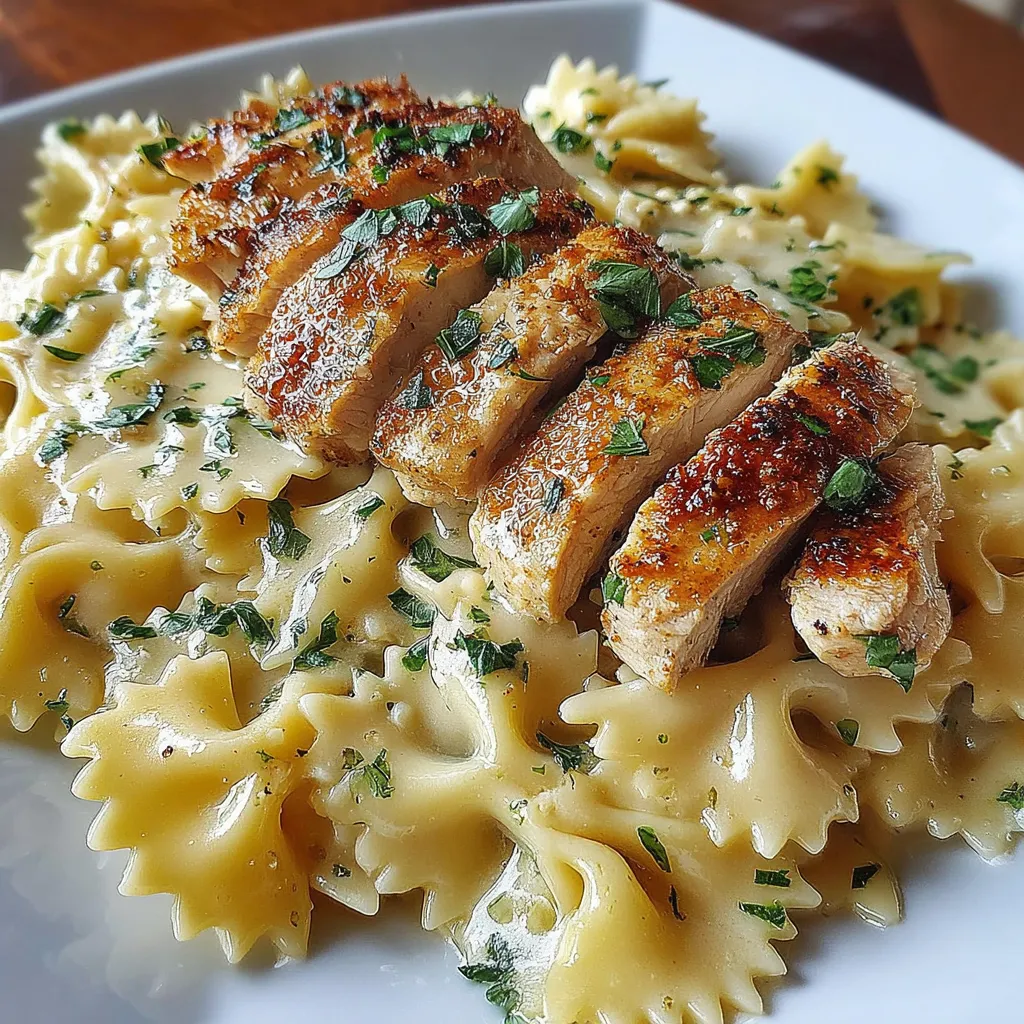 Schleifenpasta mit cremigem Zitronen-Knoblauch-Hähnchen & Parmesan