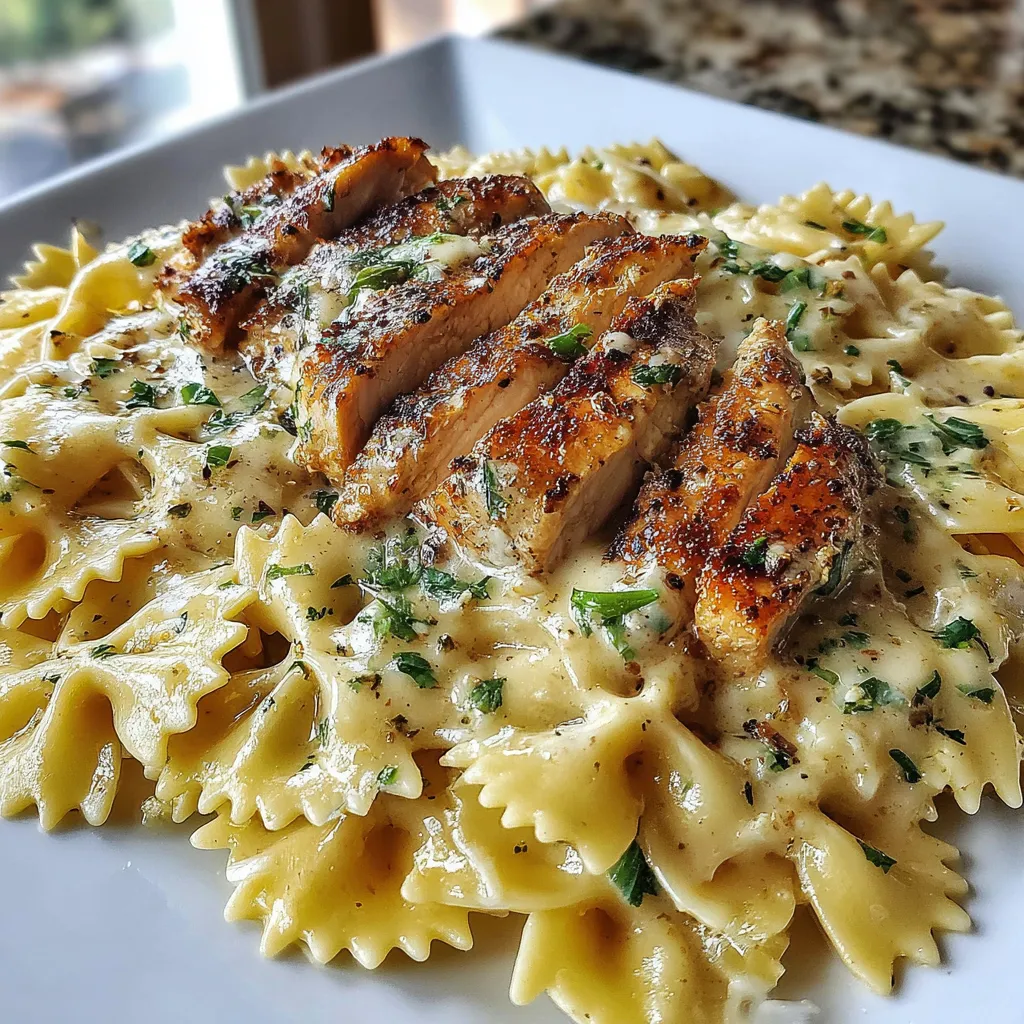 Schleifenpasta mit cremigem Zitronen-Knoblauch-Hähnchen & Parmesan