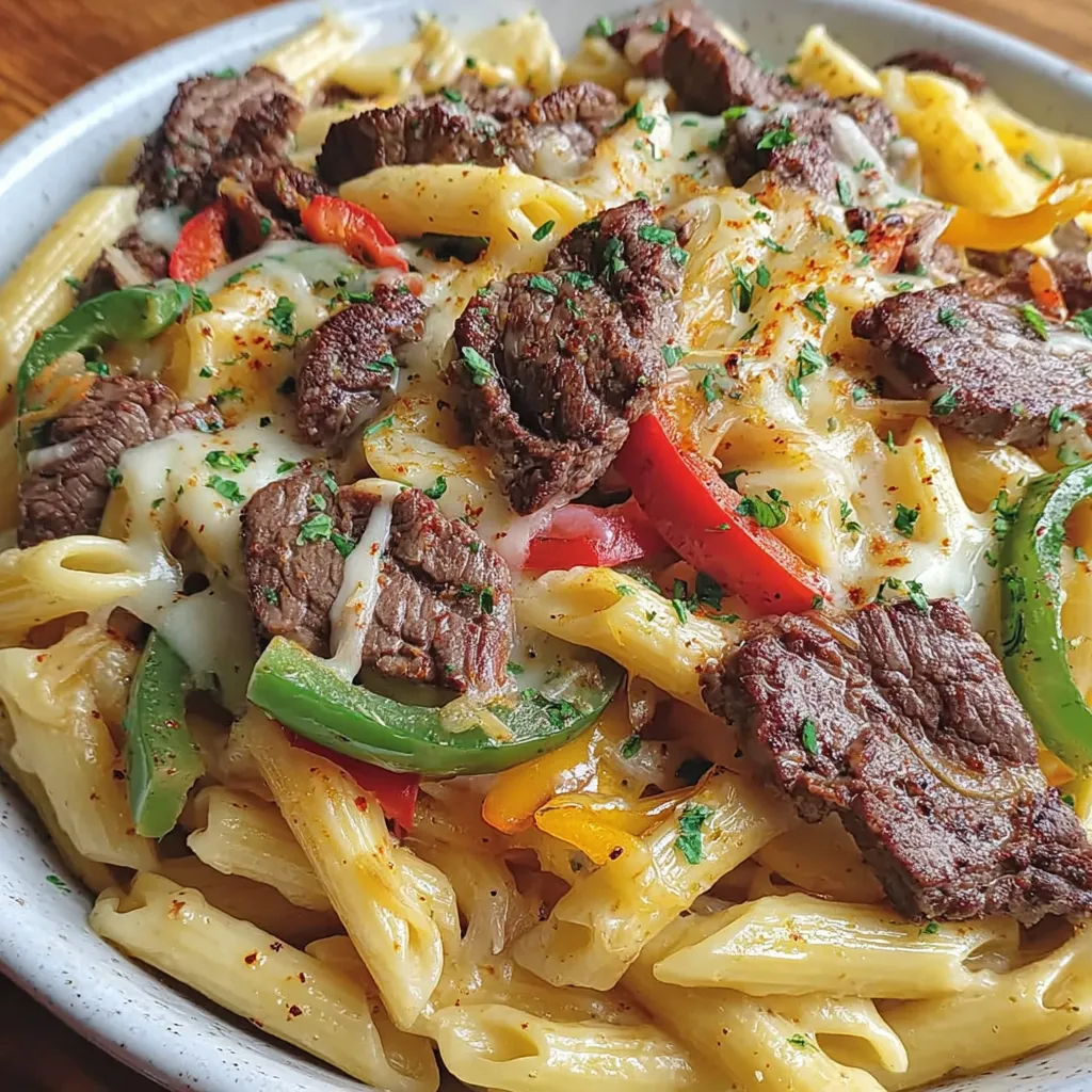 Käsige Philly Cheesesteak Pasta mit extra Provolone