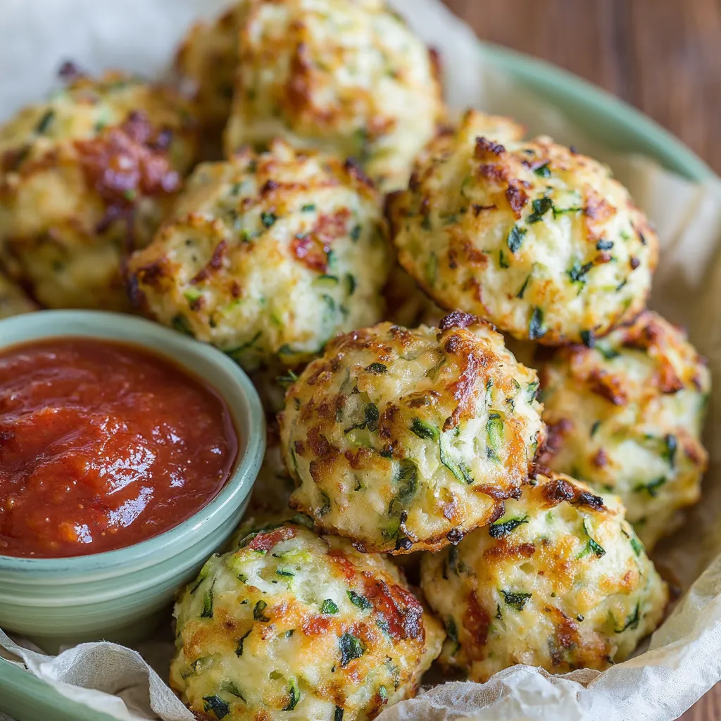 Ein Becher mit Zucchini-Käse Bällchen und einer Sauce darin.